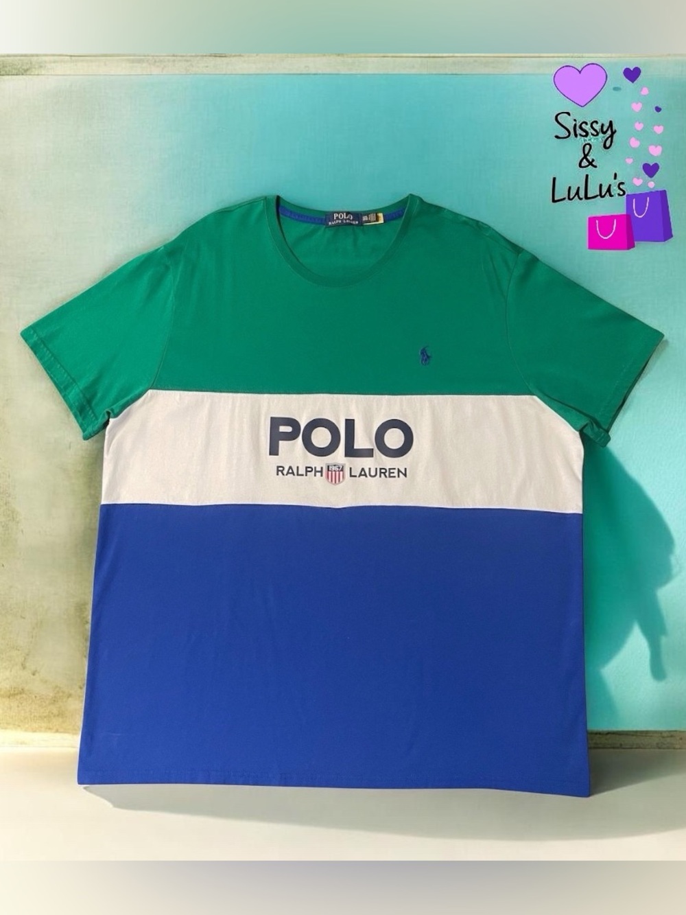 Polo Ralph Lauren T-Shirt Mens 2XL Green White Blue Colorblock Logo